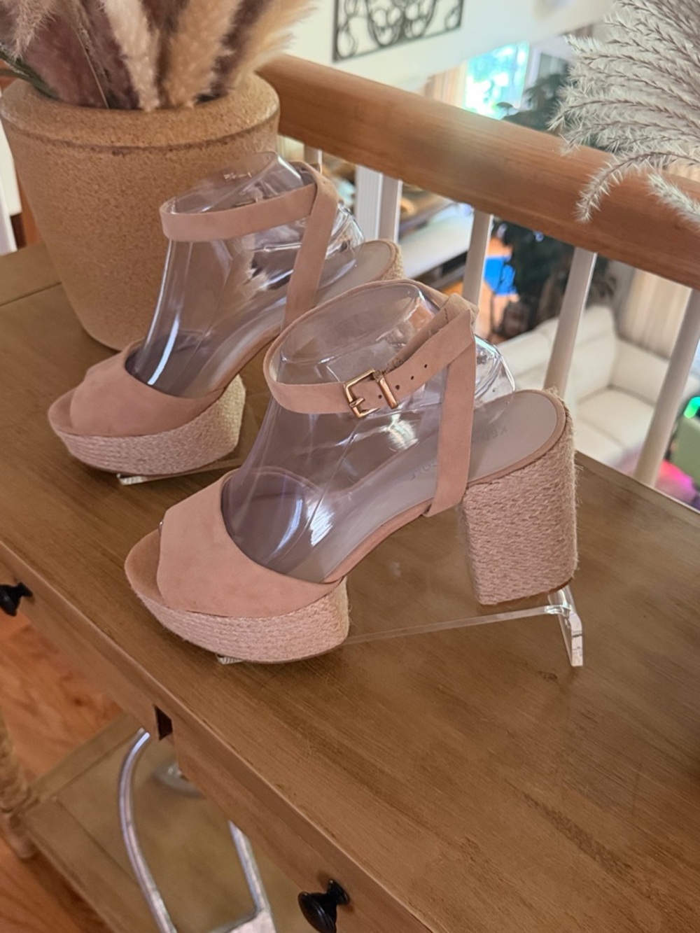 Kenneth Cole Tan Suede Platform Espadrille Block Heels